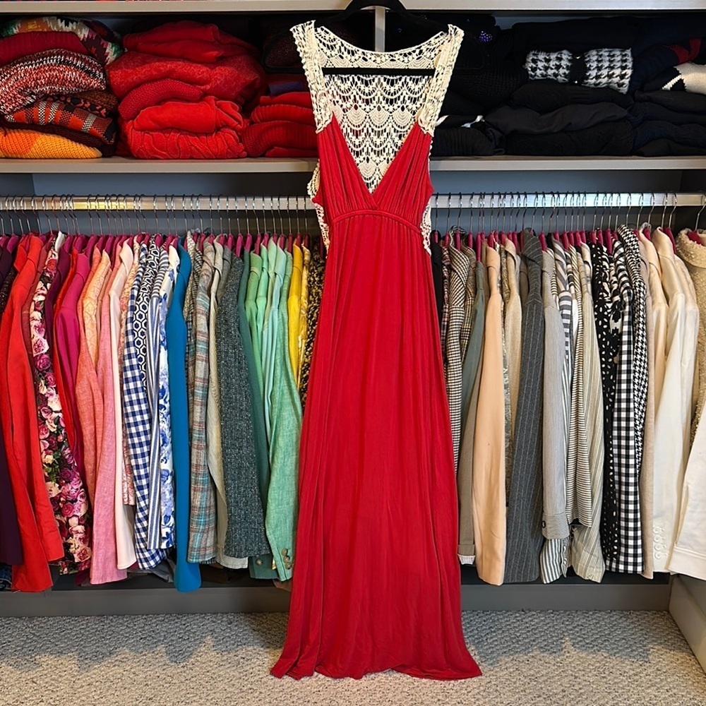 Unbranded ivory/red crocheted back v neck maxi dress size XS